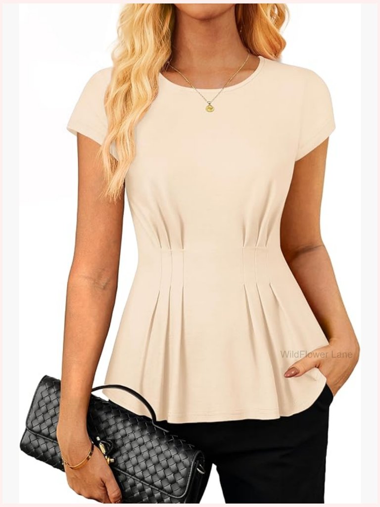 Peplum Blouse Cap Sleeve Slim Fit Work Top Stretchy Business Casual Solid